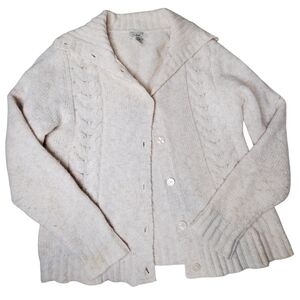 LL Bean Vintage Wool Blend Cable Knit Button Cardigan Cream Fisherman Cottage